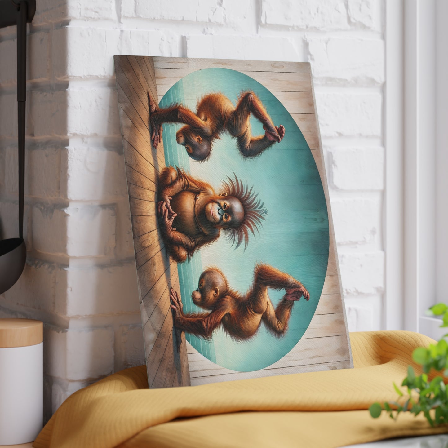 Playful Orangutan Yoga Glass Cutting Board – Whimsical Animal Art Kitchen Display
