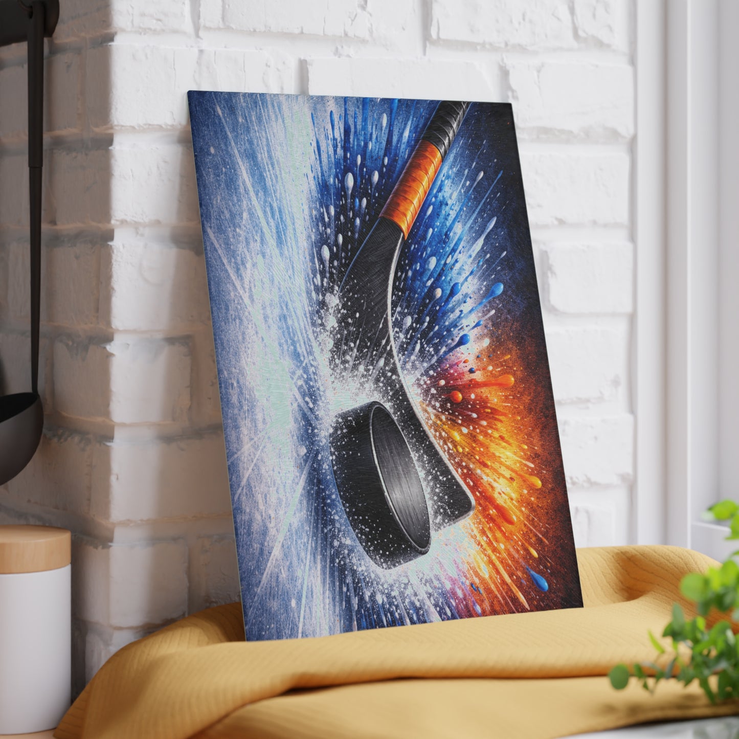 Hockey Stick and Puck Glass Cutting Board – Color Splash Ice Hockey Sports Artwork