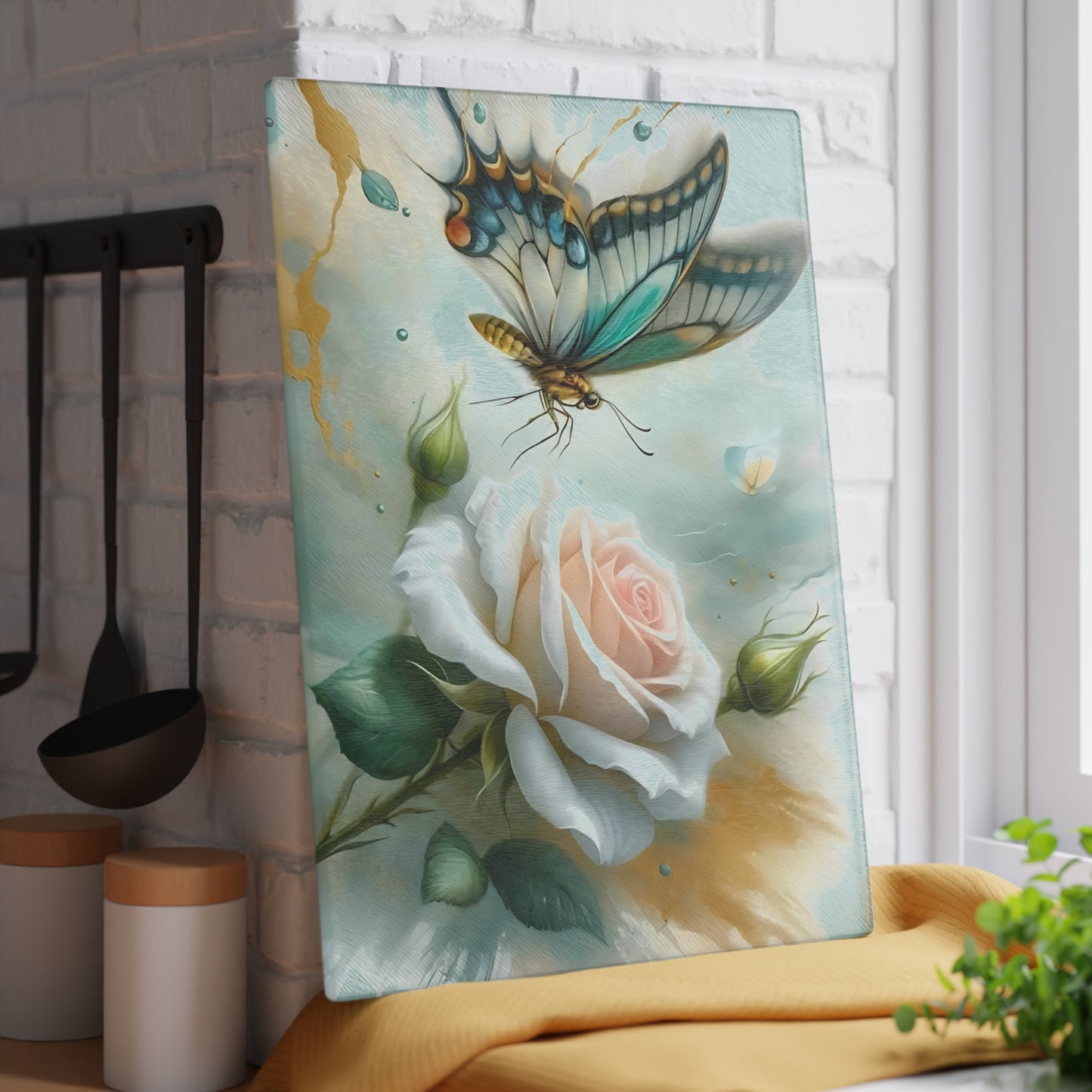 Butterfly & Single Rose Glass Cutting Board – Graceful Beauty for Your Kitchen