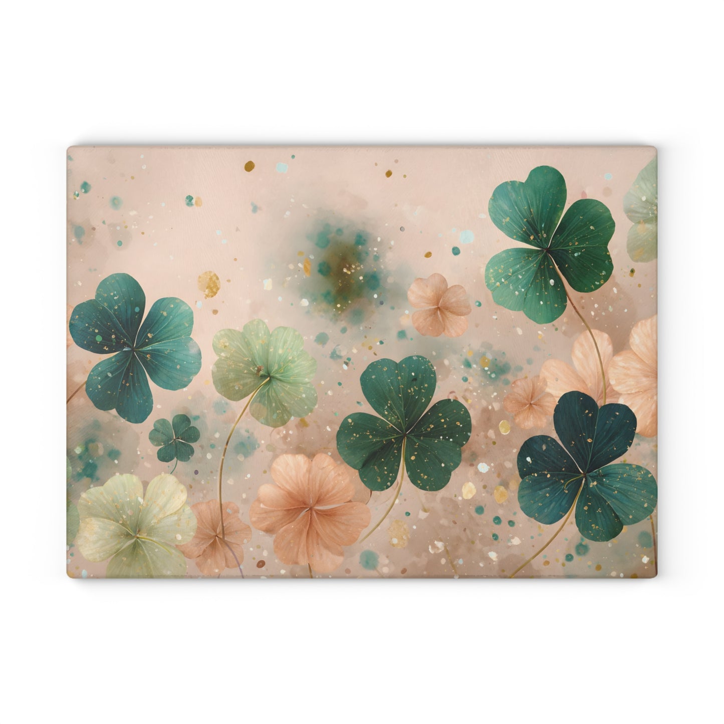 Pastel Shamrock Floral Glass Cutting Board – Soft Irish Clover Spring Kitchen Art