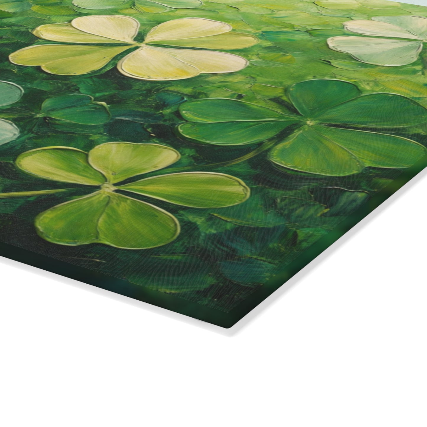 Shamrock Meadow Glass Cutting Board – Painterly Green Clover Kitchen Accent