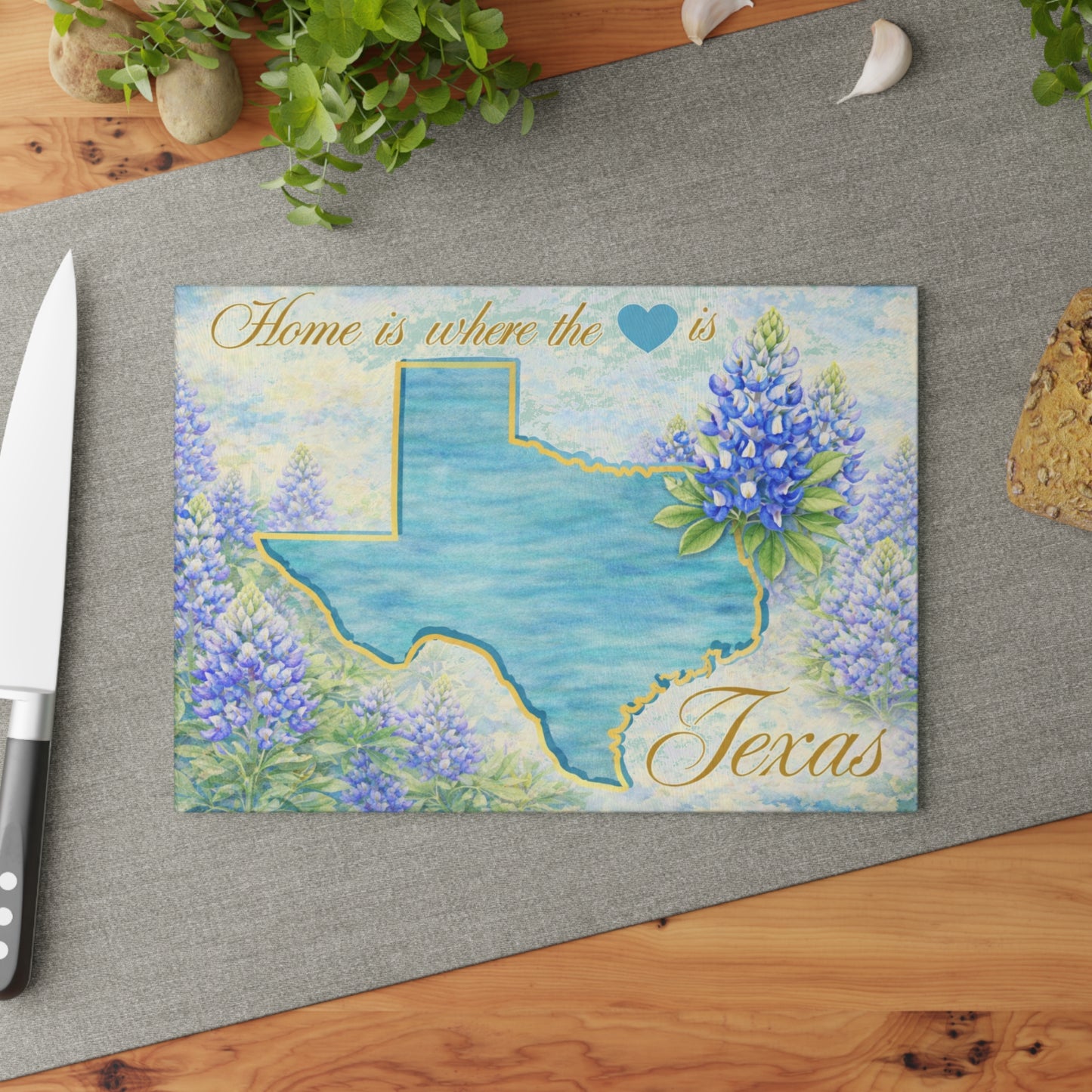 Texas State Bluebonnet Glass Cutting Board – Home Is Where the Heart Is Texas Kitchen Decor