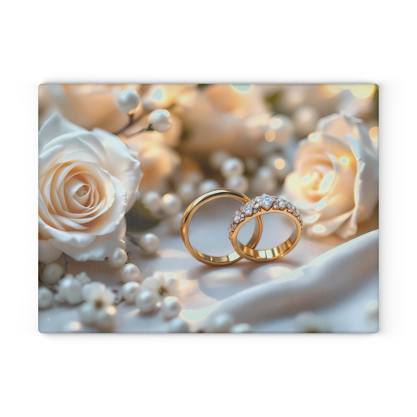 💒 White Rose & Gold Rings Cutting Board – Timeless Elegance for Weddings & Love
