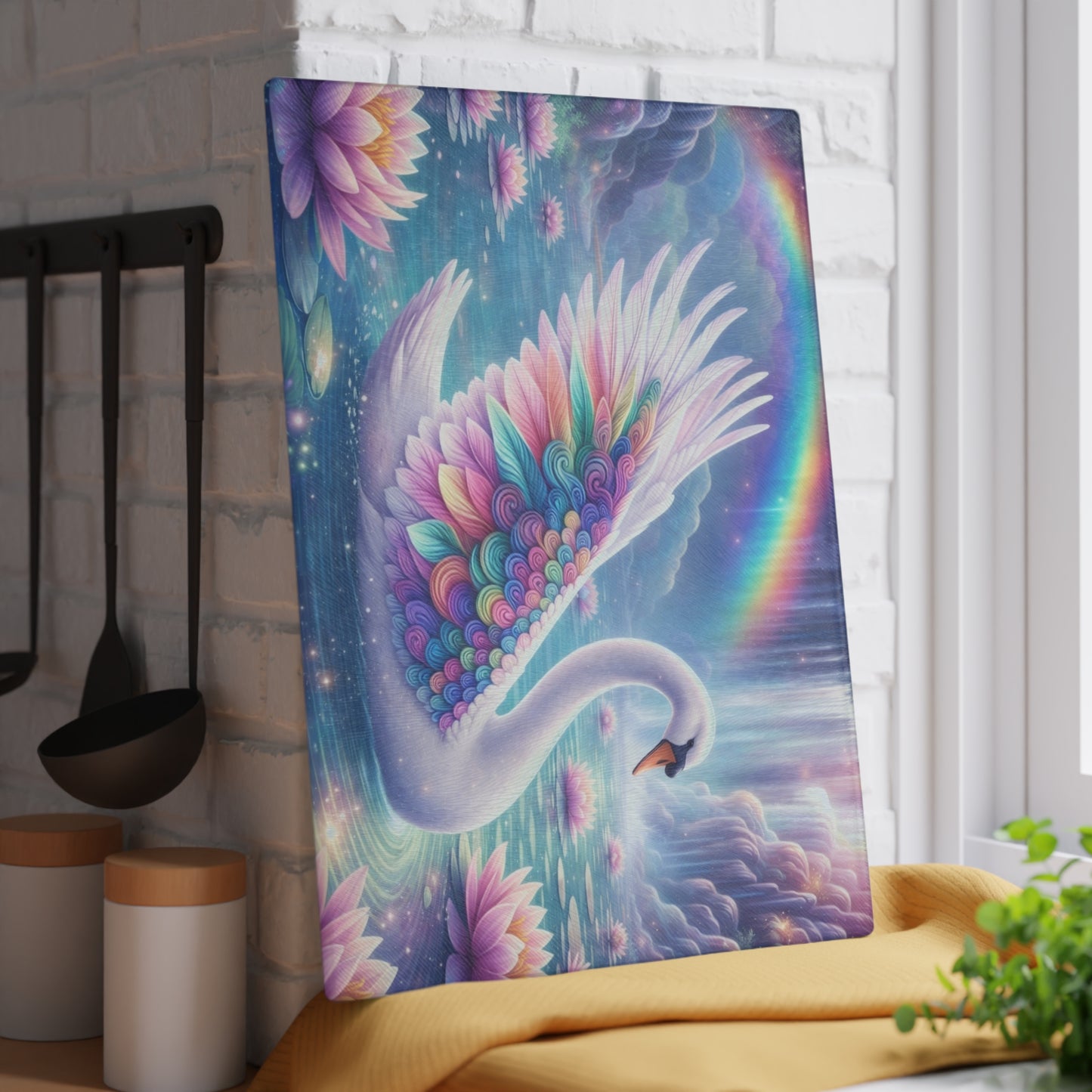 Rainbow Swan Fantasy Glass Cutting Board – Dreamy Water Garden Kitchen Art