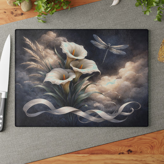 Calla Lily and Dragonfly Glass Cutting Board – Elegant Floral Botanical Artwork