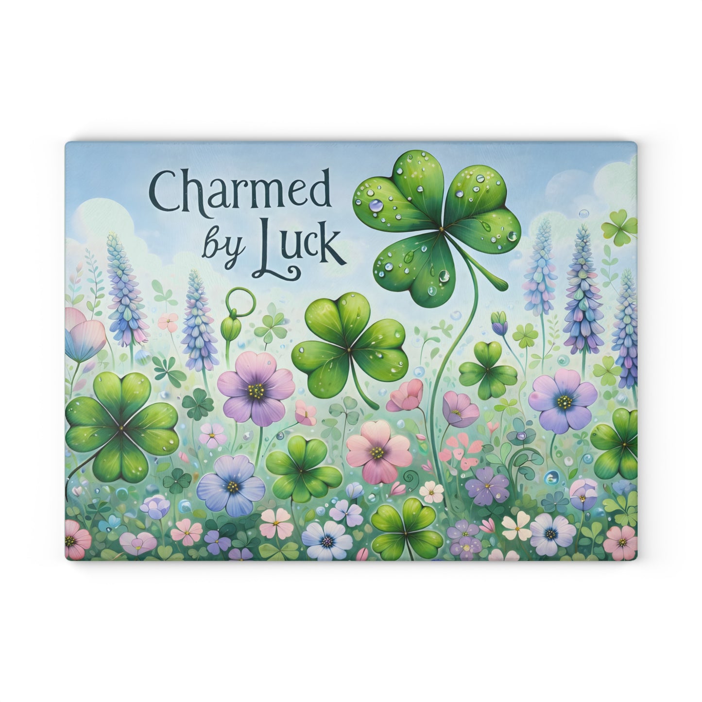 Charmed by Luck Floral Shamrock Glass Cutting Board – Whimsical St. Patrick’s Day Kitchen Art