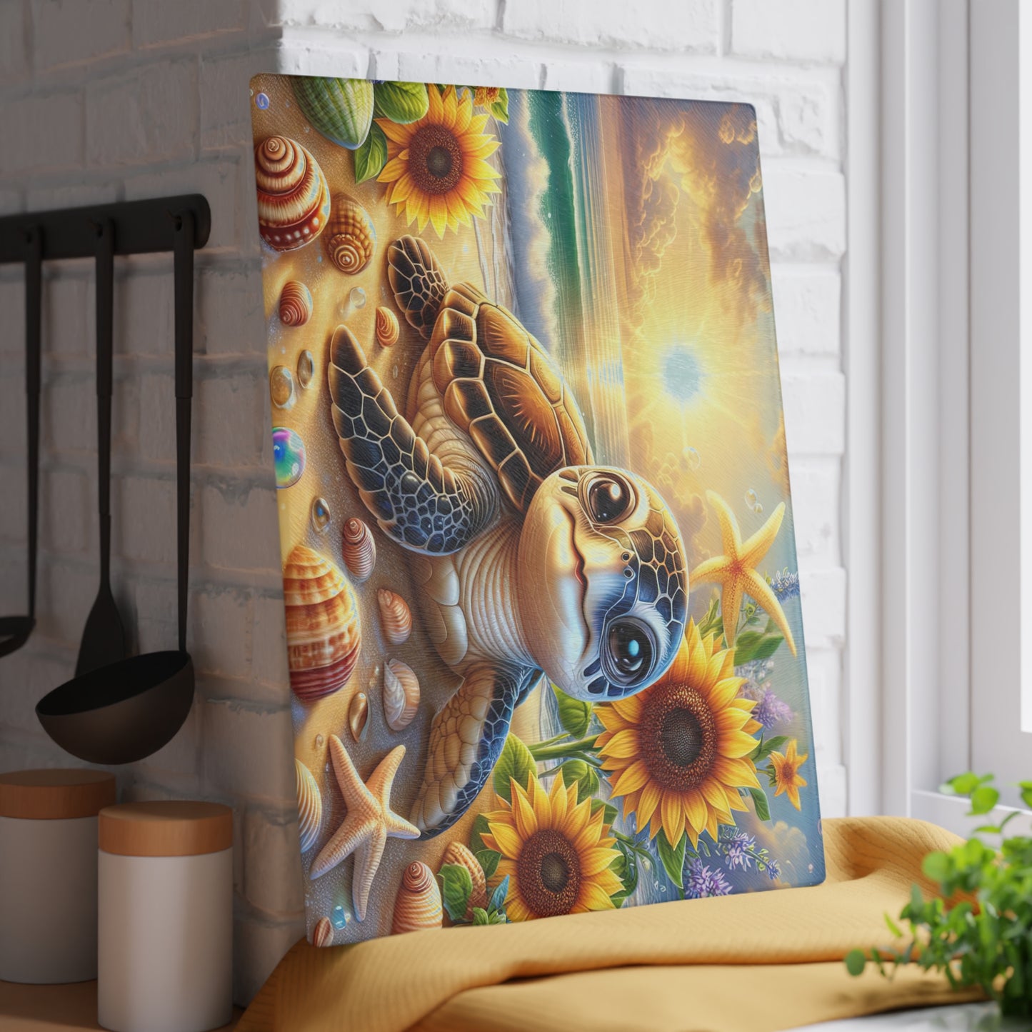 Sunny Shore Sea Turtle Glass Cutting Board – Coastal Beach Artwork with Sunflowers