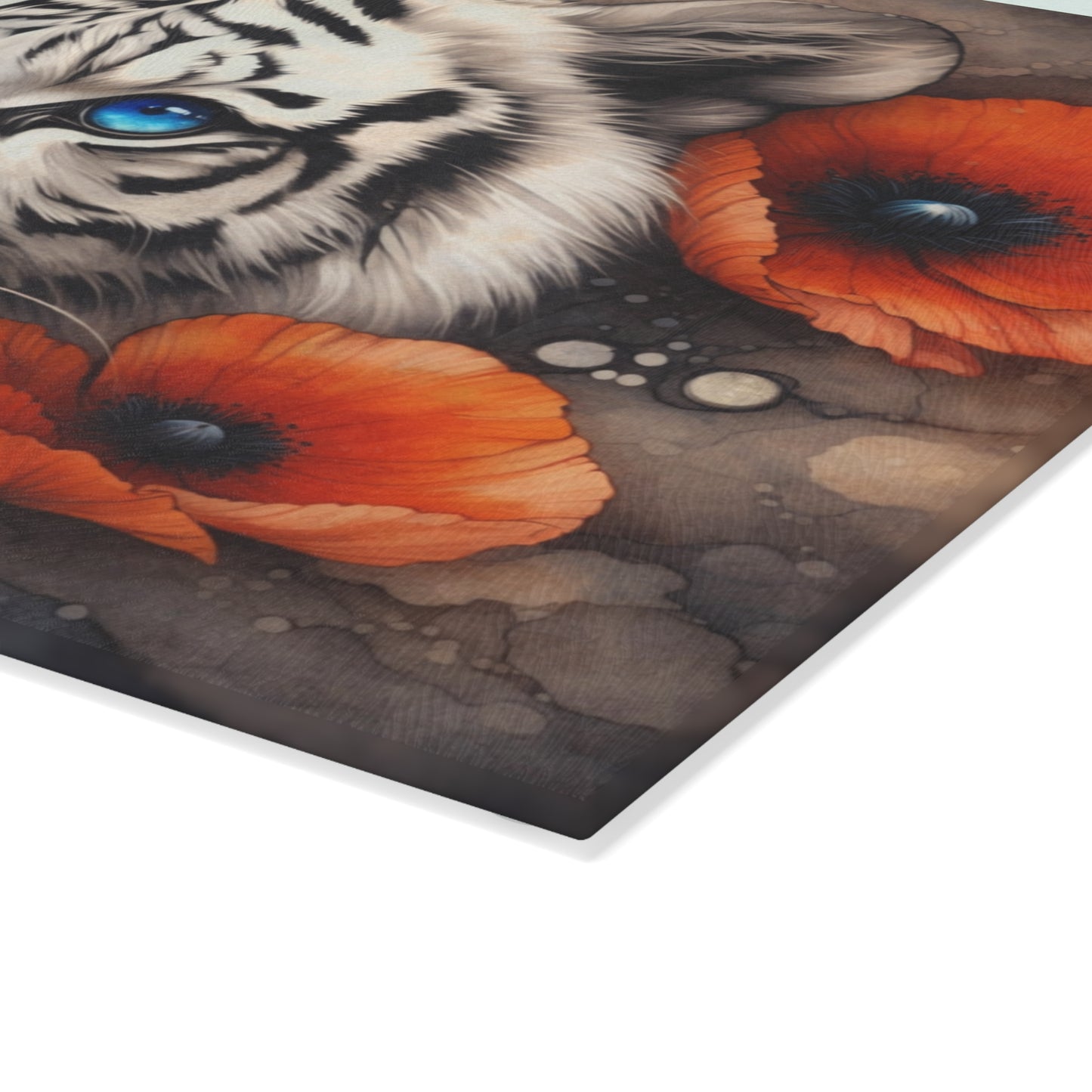 White Tiger with Blue Eyes Glass Cutting Board – Elegant Wildlife Floral Artwork