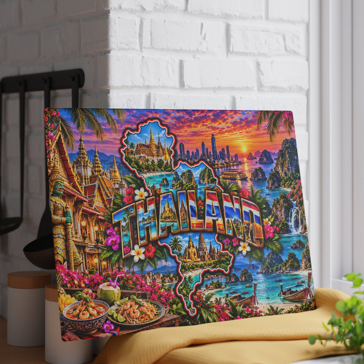 Thailand Map Cutting Board – Colorful Thai Temples, Tropical Islands, Golden Buddha, Waterfalls & Scenic Kitchen Décor