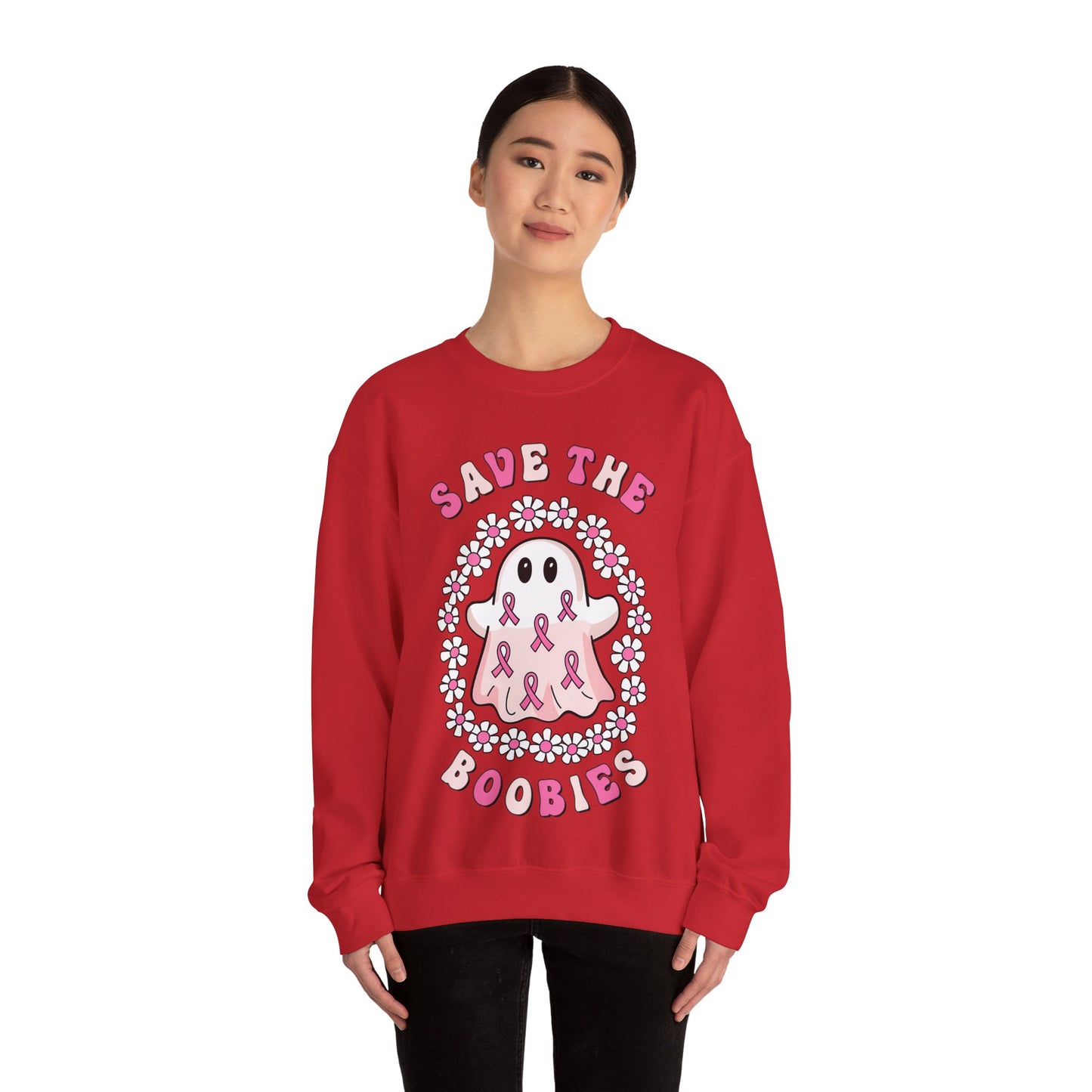 👻🎀 Save the Boobies Ghost Sweatshirt – Cute Breast Cancer Awareness Crewneck