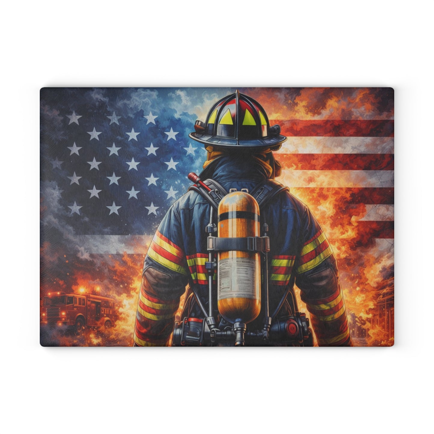 American Firefighter Tribute Glass Cutting Board – Patriotic Hero Kitchen Art