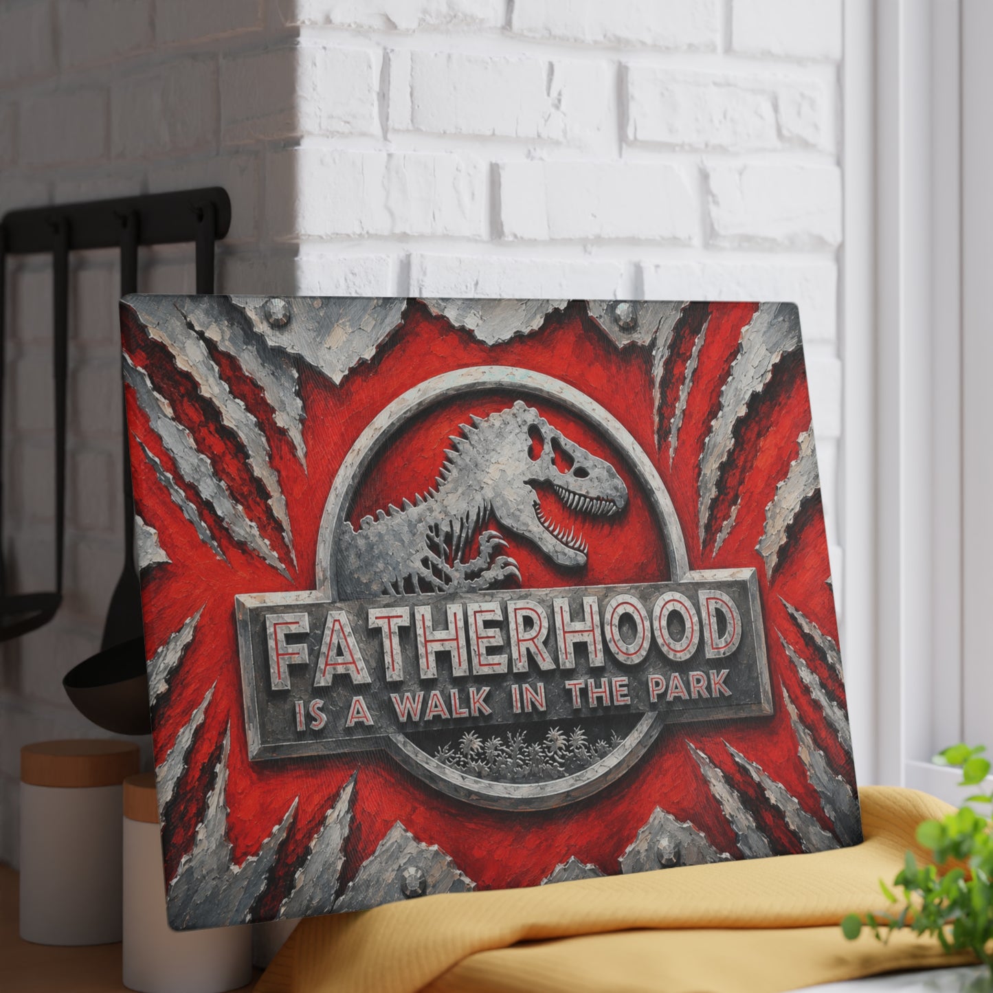 Dinosaur Dad Glass Cutting Board – Funny Father’s Day Gift, Prehistoric Dinosaur Kitchen Decor