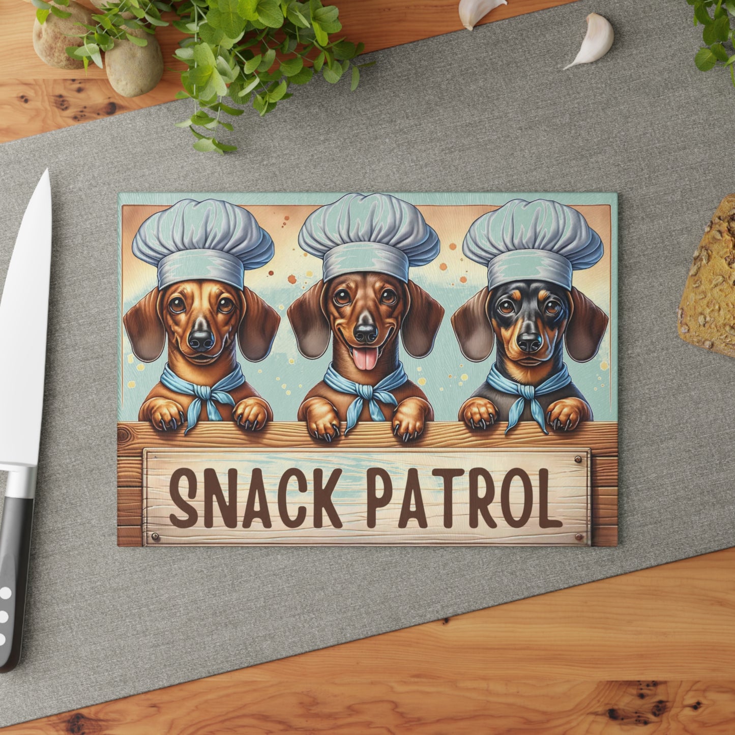 🐾🍪 “Snack Patrol Dachshunds” Glass Cutting Board – Playful Pup Energy for Your Kitchen