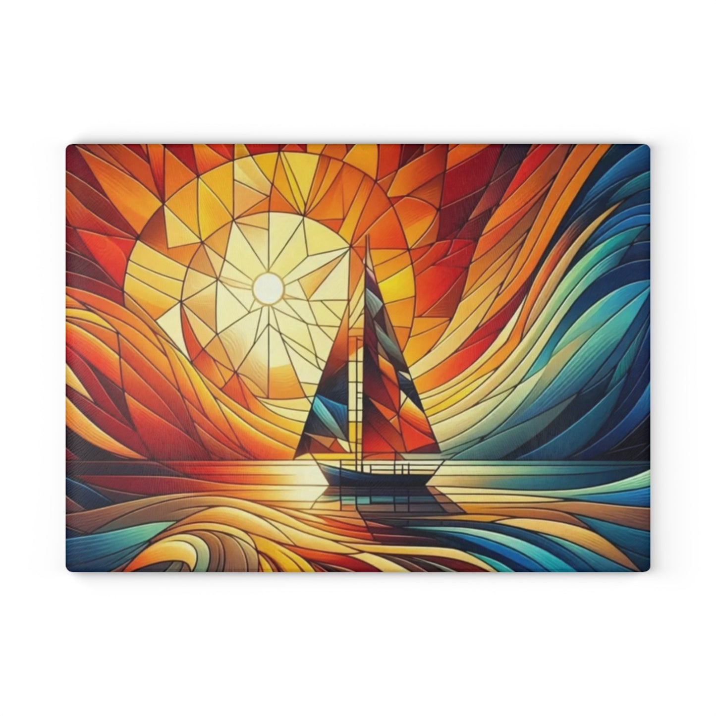 Tabla de cortar con diseño de velero al atardecer con aspecto de vitral: arte costero colorido para la cocina