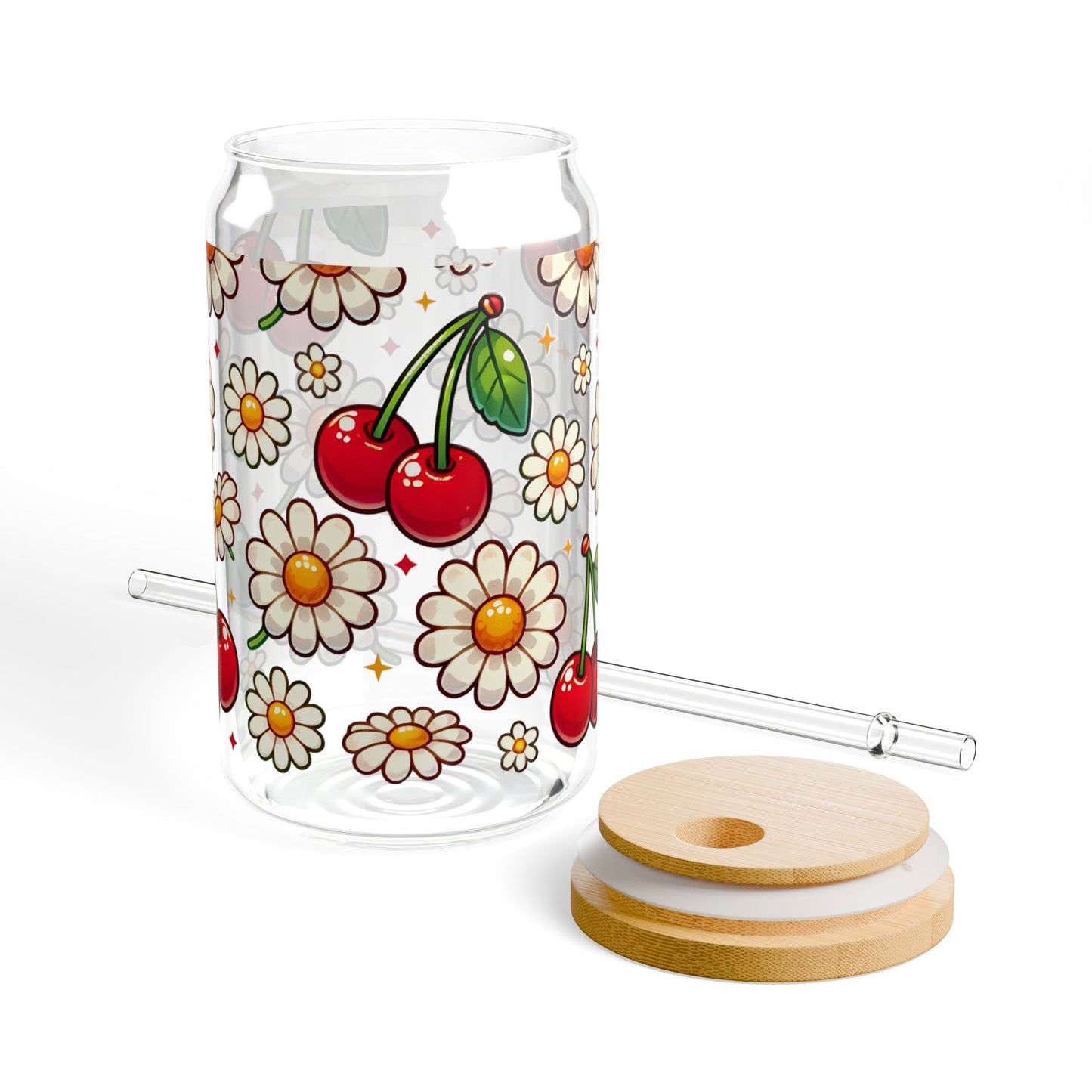🍒🌼 Cherry & Daisy Delight Sipper Glass – Sweet Retro Fun for Every Sip 💫