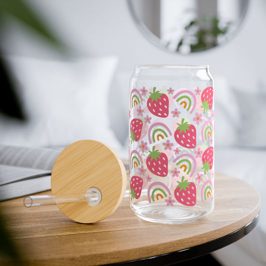 🍓🌈 Strawberry Rainbow Sipper Glass – 16oz Cheerful Sips for Sunshine Days ☀️💖