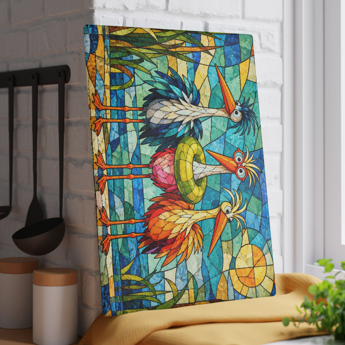 Funny Colorful Birds Stained-Glass-Look Glass Cutting Board – Whimsical Bird Kitchen Decor