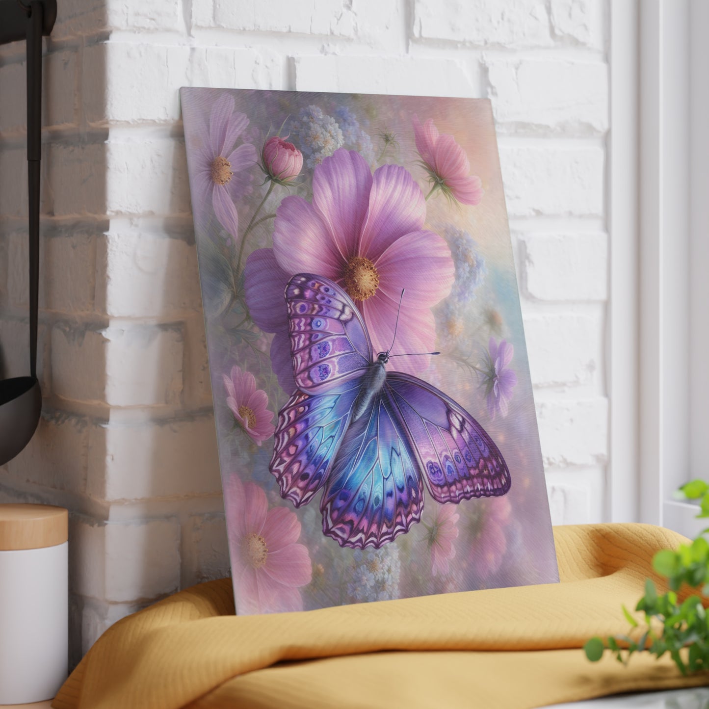 Purple & Blue Butterfly Glass Cutting Board – Dreamy Cosmos Floral Butterfly Art