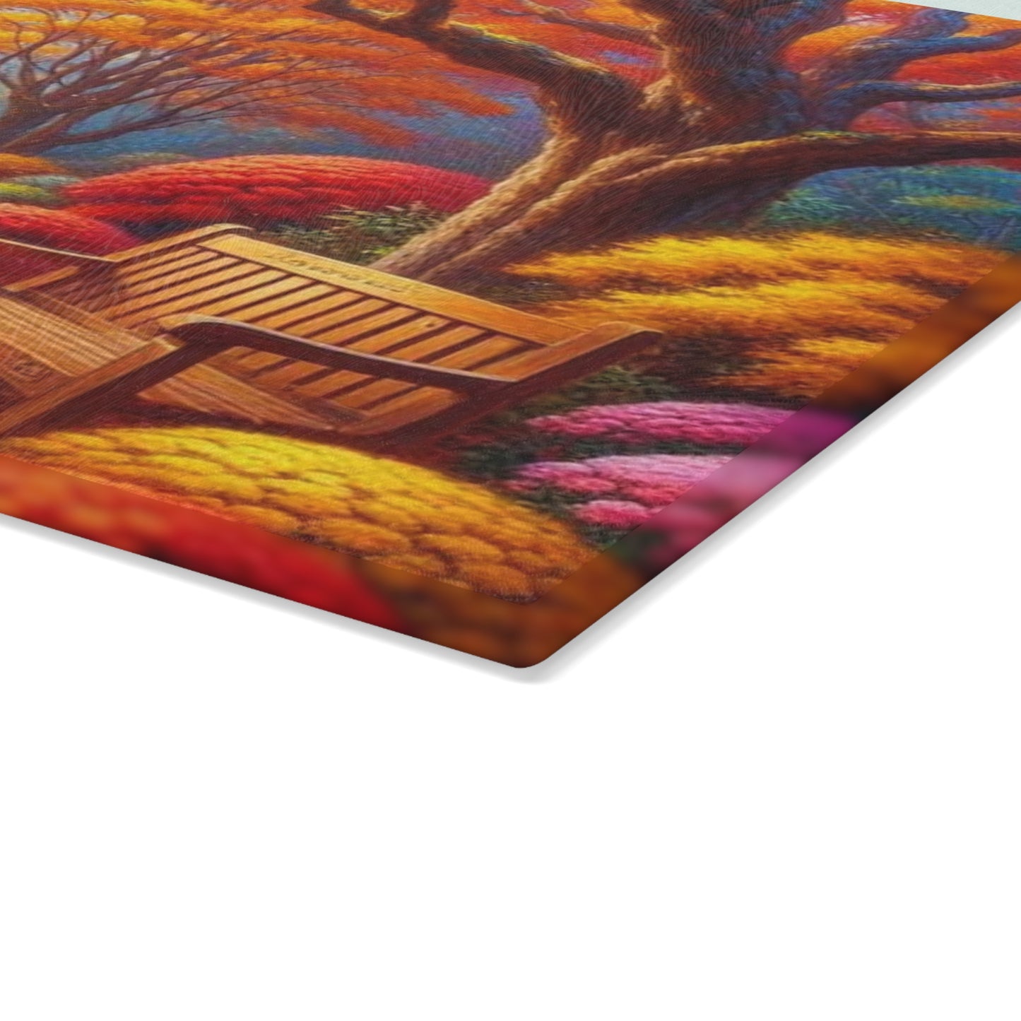 🍁 Autumn Park Bench Path – Cozy Fall Tempered Glass Cutting Board