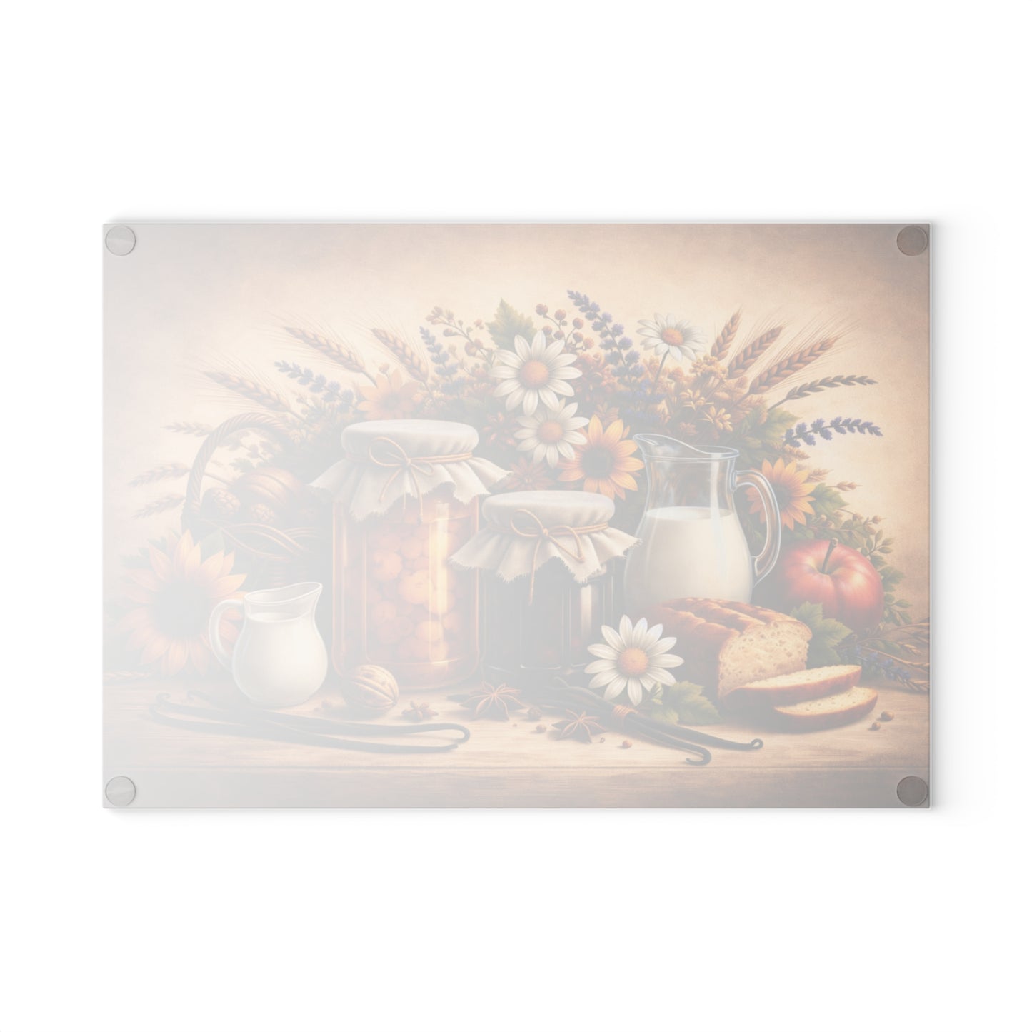 Harvest Pantry Still Life Glass Cutting Board – Rustic Farmhouse Kitchen Artwork