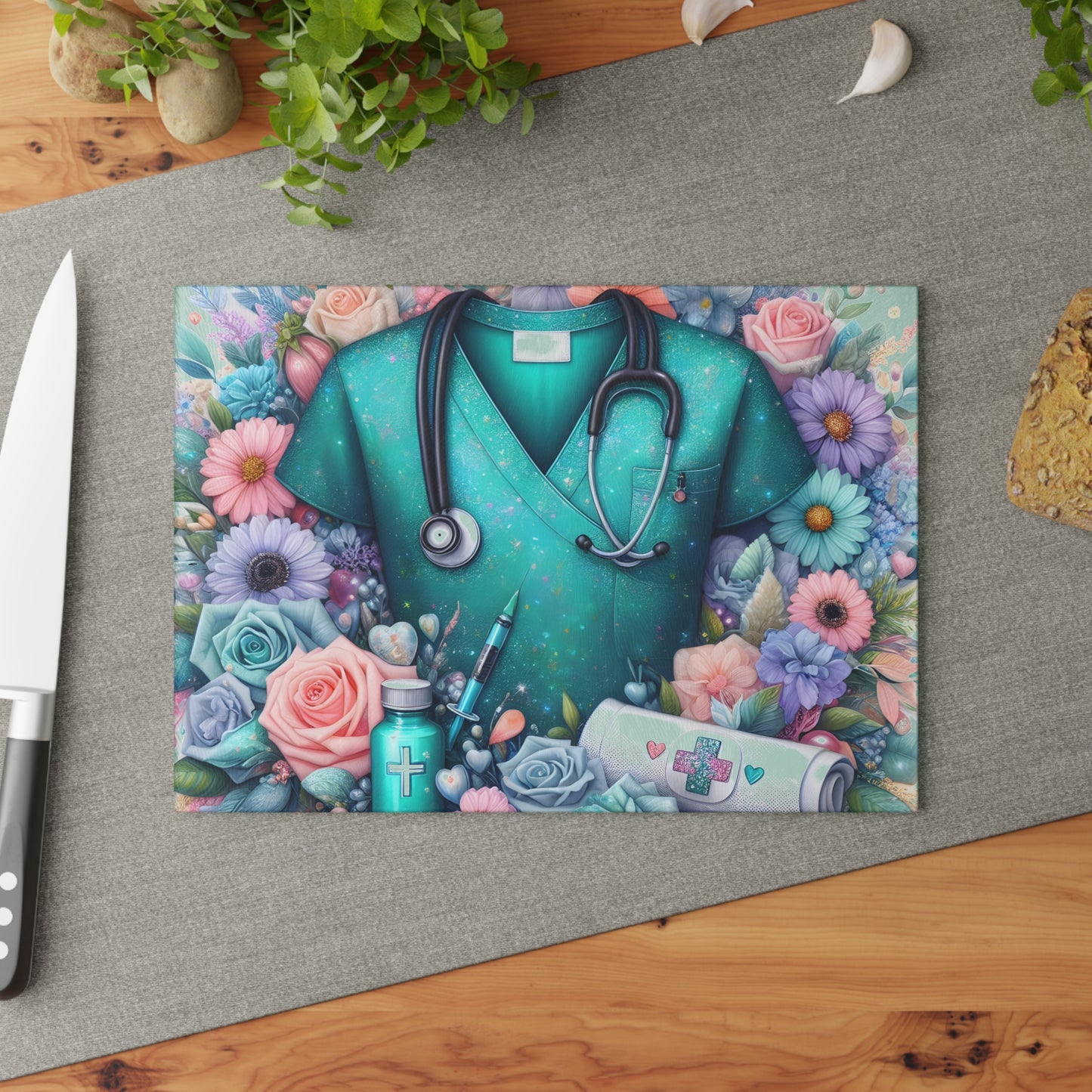 🩺 Nurse Scrubs & Florals Cutting Board – Heartfelt Medical Elegance for Your Kitchen 🌸