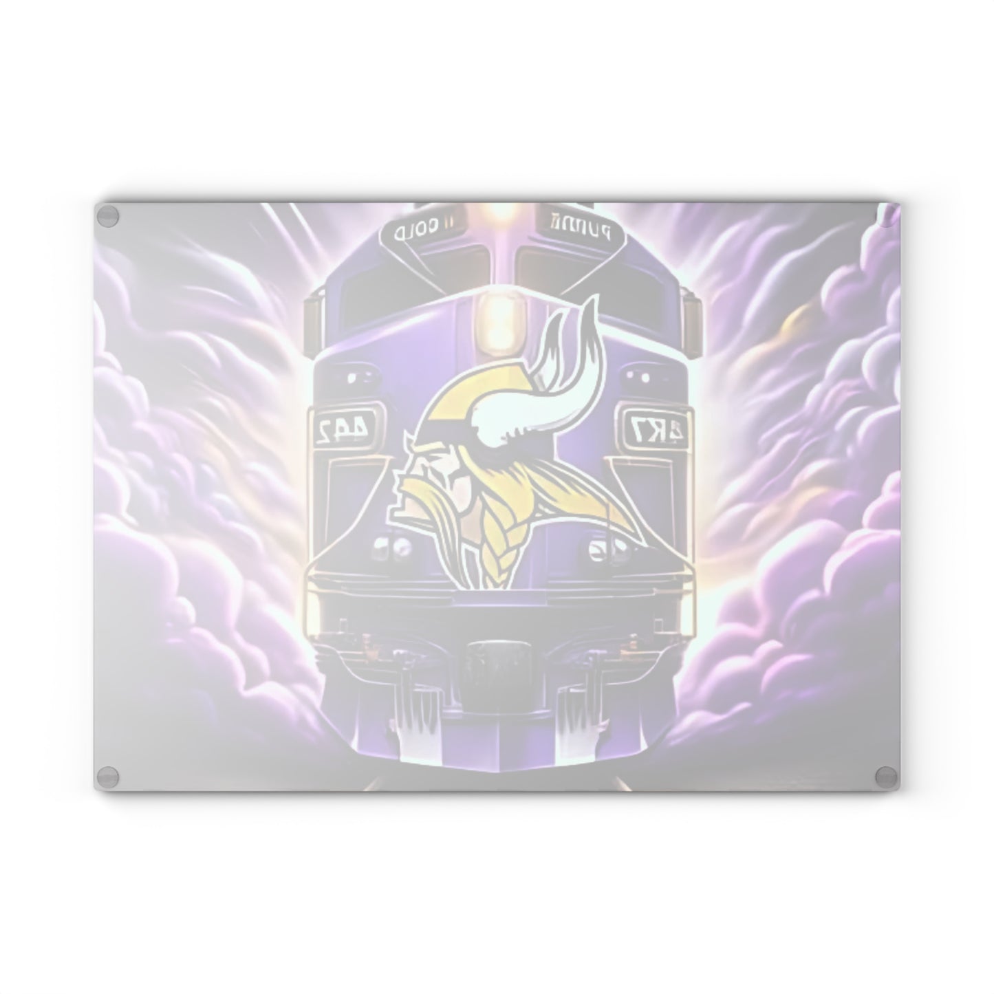 Purple & Gold Express Glass Cutting Board – Regal Train Design for Elegant Kitchens