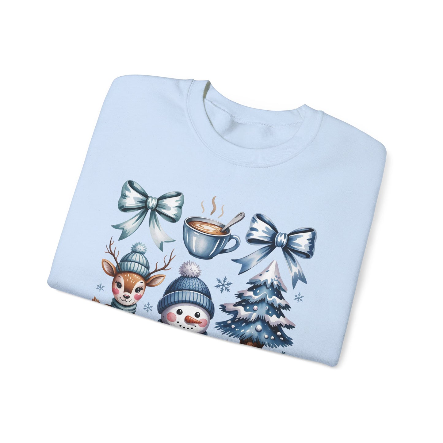 ❄️💙 Cozy Winter Vibes Crewneck – Reindeer, Snowman, Cocoa & Bows