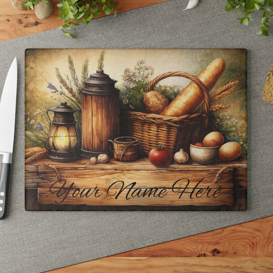 Rustic Farmhouse Breadbasket Personalized Glass Cutting Board – Custom Kitchen Name Display
