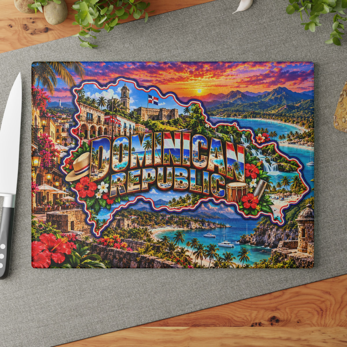 Dominican Republic Map Cutting Board – Tropical Beaches, Historic Architecture, Waterfalls, Palm Trees & Caribbean Kitchen Décor