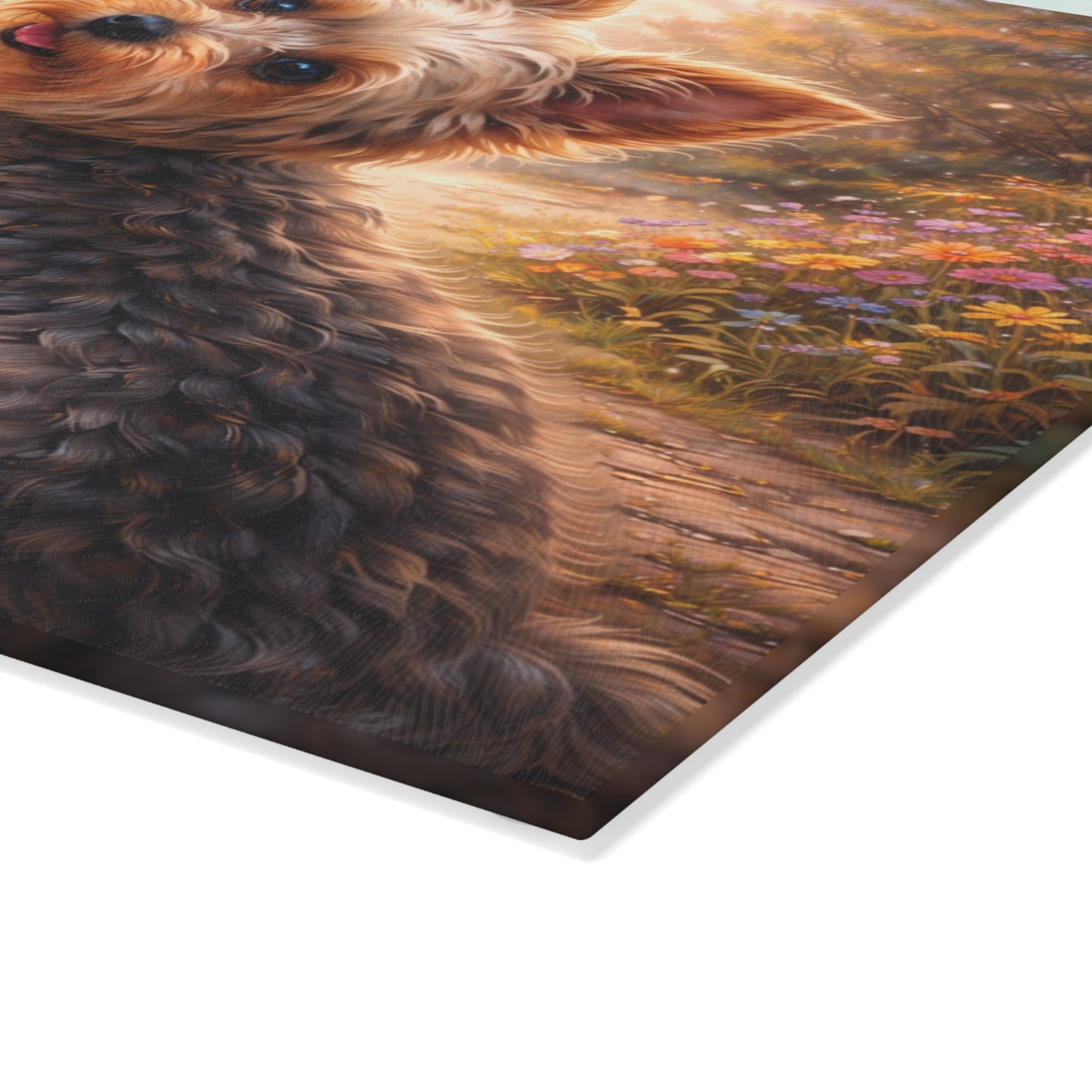 Whimsical Yorkshire Terrier Garden Glass Cutting Board – Personalized Dog Lover Floral Artwork
