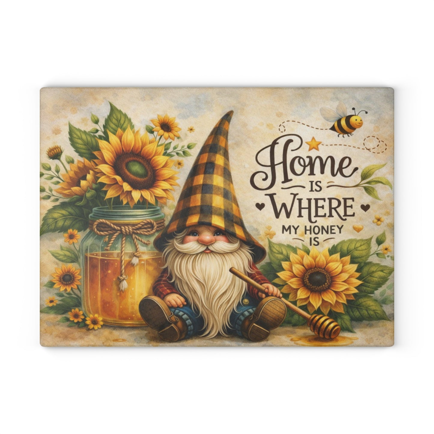 Sunflower Honey Gnome Glass Cutting Board – Cozy Farmhouse Kitchen Decor