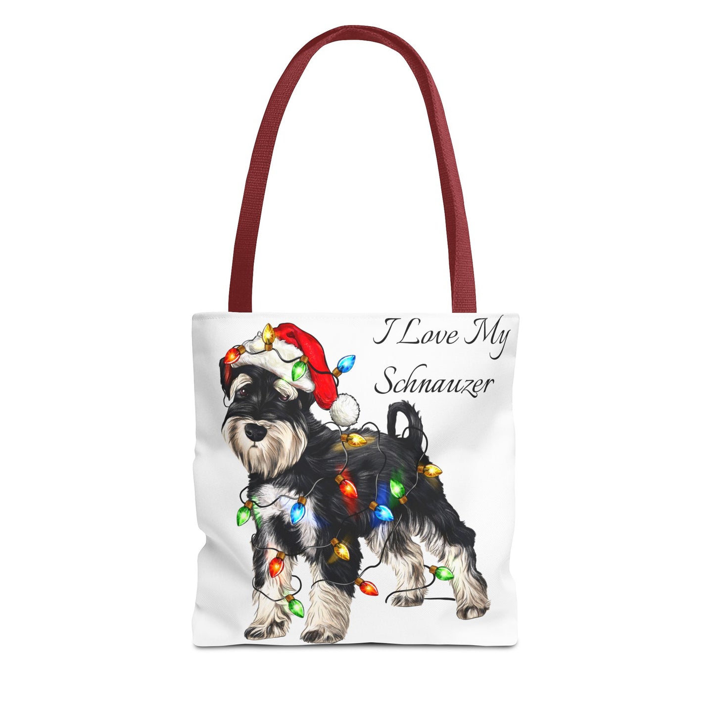 🎄 I Love My Schnauzer Tote Bag – Christmas Lights & Holiday Woofs 🐾