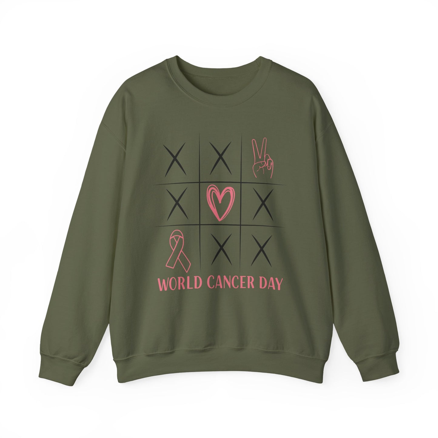 🌍🎗️ World Cancer Day Sweatshirt – Awareness Tic-Tac-Toe Heart & Ribbon