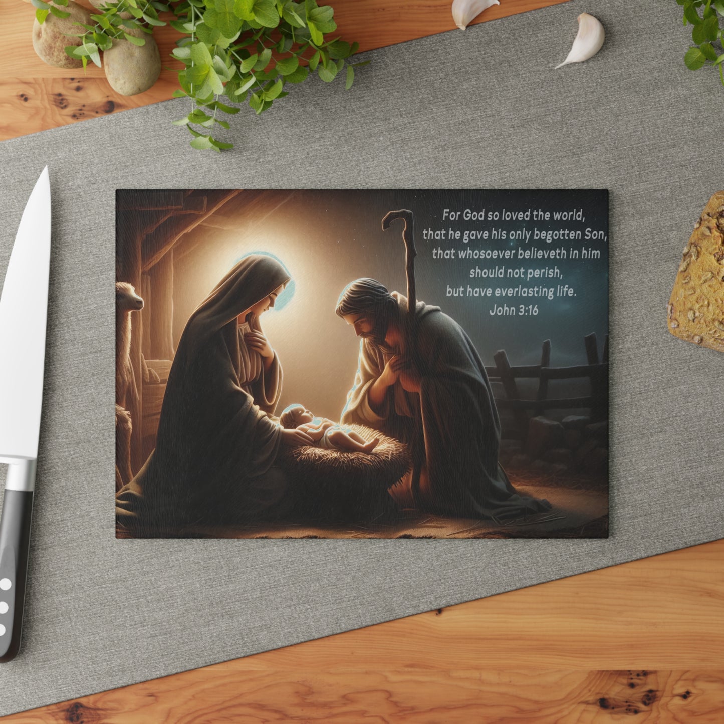 🌟🙏 Nativity Scene Cutting Board – John 3:16 Christmas Kitchen Décor ✝️✨
