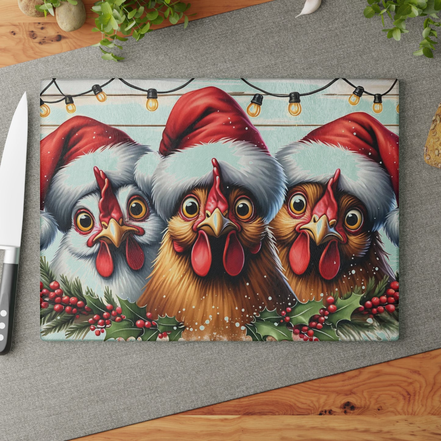 🐔🎄 “Santa Hat Chickens – Whatcha Makin’?” Glass Cutting Board – Cozy Charm for Your Kitchen