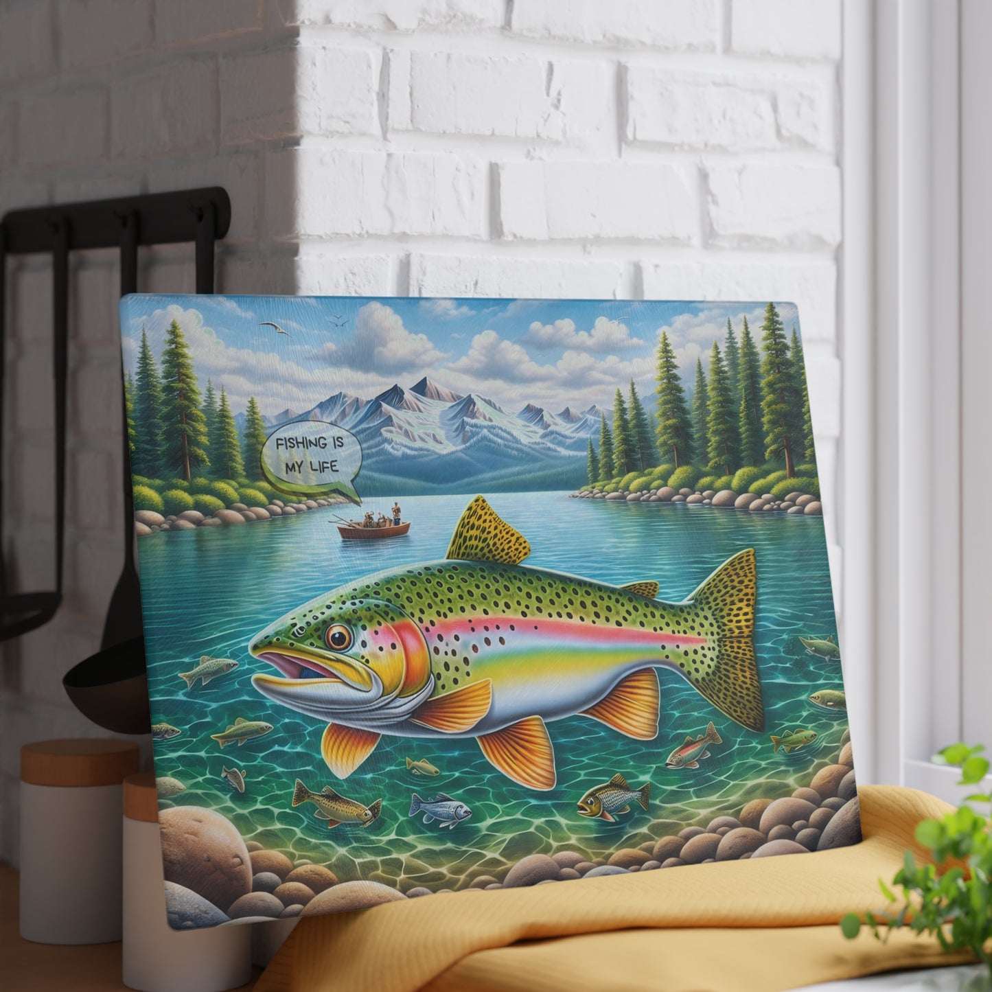 Fishing Is My Life Glass Cutting Board – Colorful Trout Lake Fishing Artwork