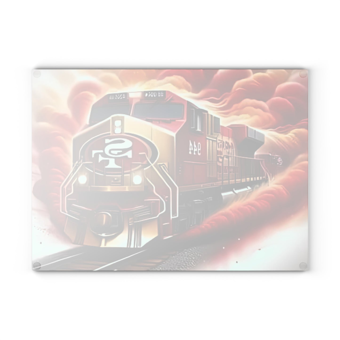 Tabla de cortar de vidrio Express roja y dorada: arte de tren de lujo para cocinas elegantes y clásicas