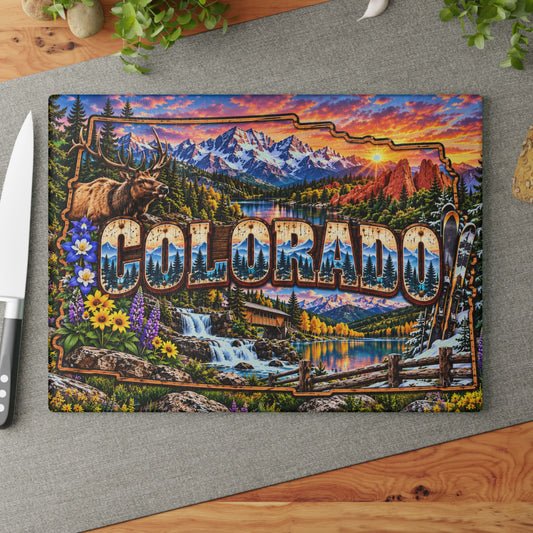 Colorado Rocky Mountain Glass Cutting Board – Scenic Mountain Landscape, Elk, Waterfalls & Rustic Wildlife Kitchen Décor