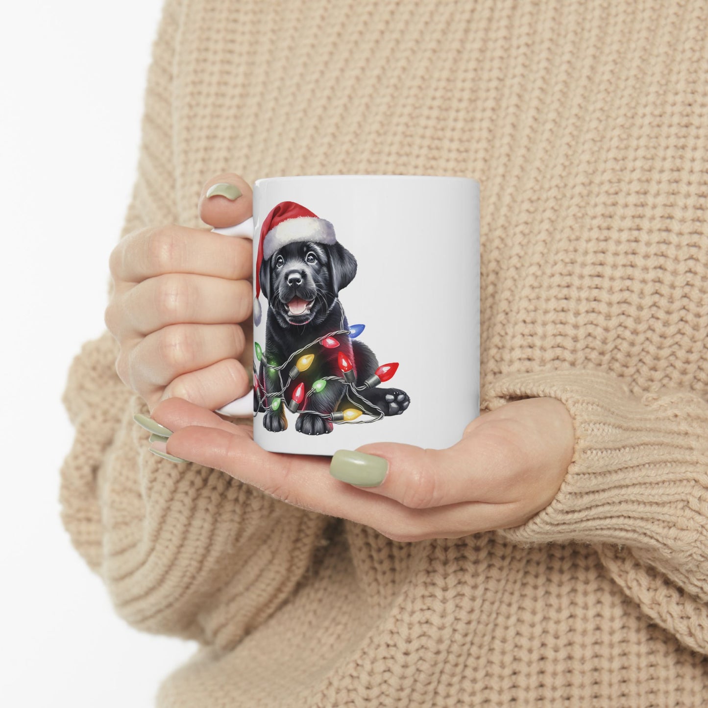 🎄 Labrador Puppy Christmas Mug – Santa Hat & Holiday Lights Cheer 🐾