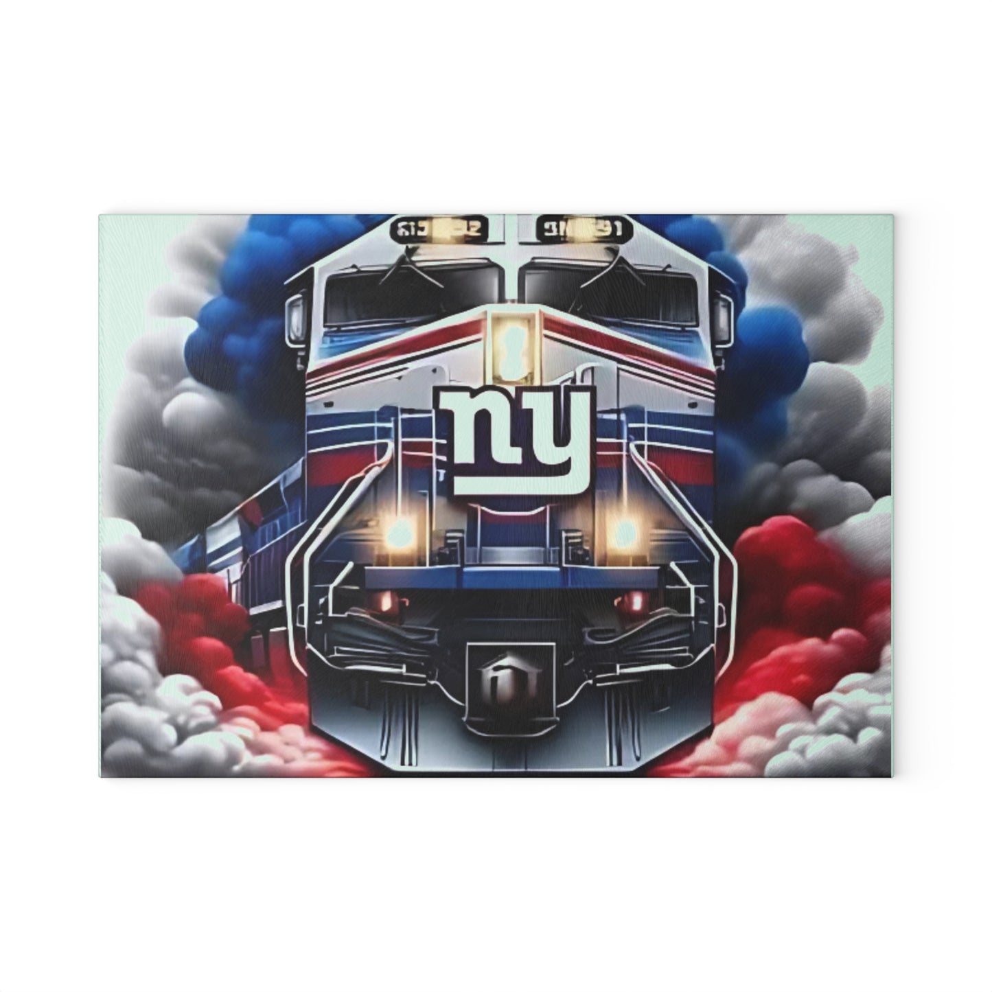 Royal Blue & Red Express Glass Cutting Board – Striking Train Design for Bold Kitchens