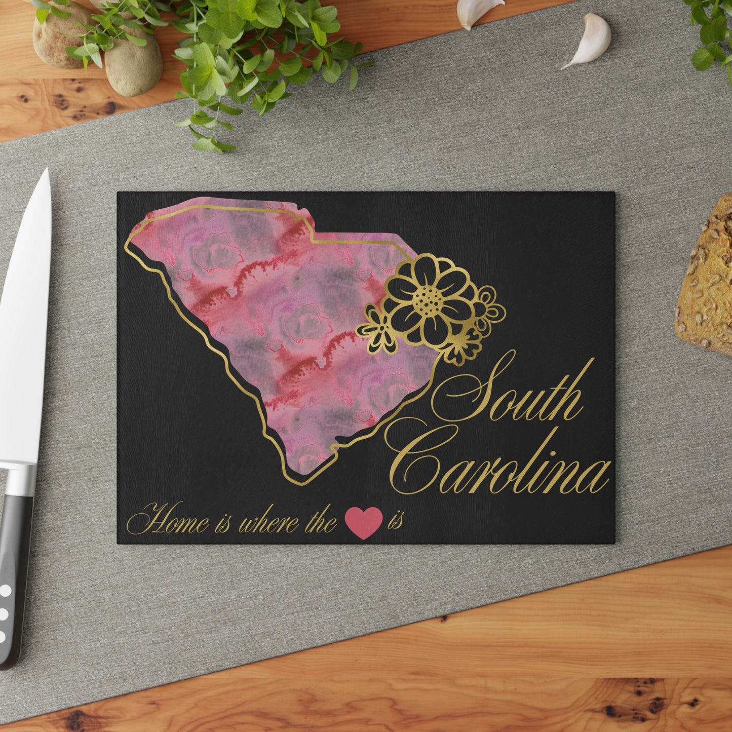 🌺 South Carolina Floral State Cutting Board – Southern Grace in Rose & Gold 🌸