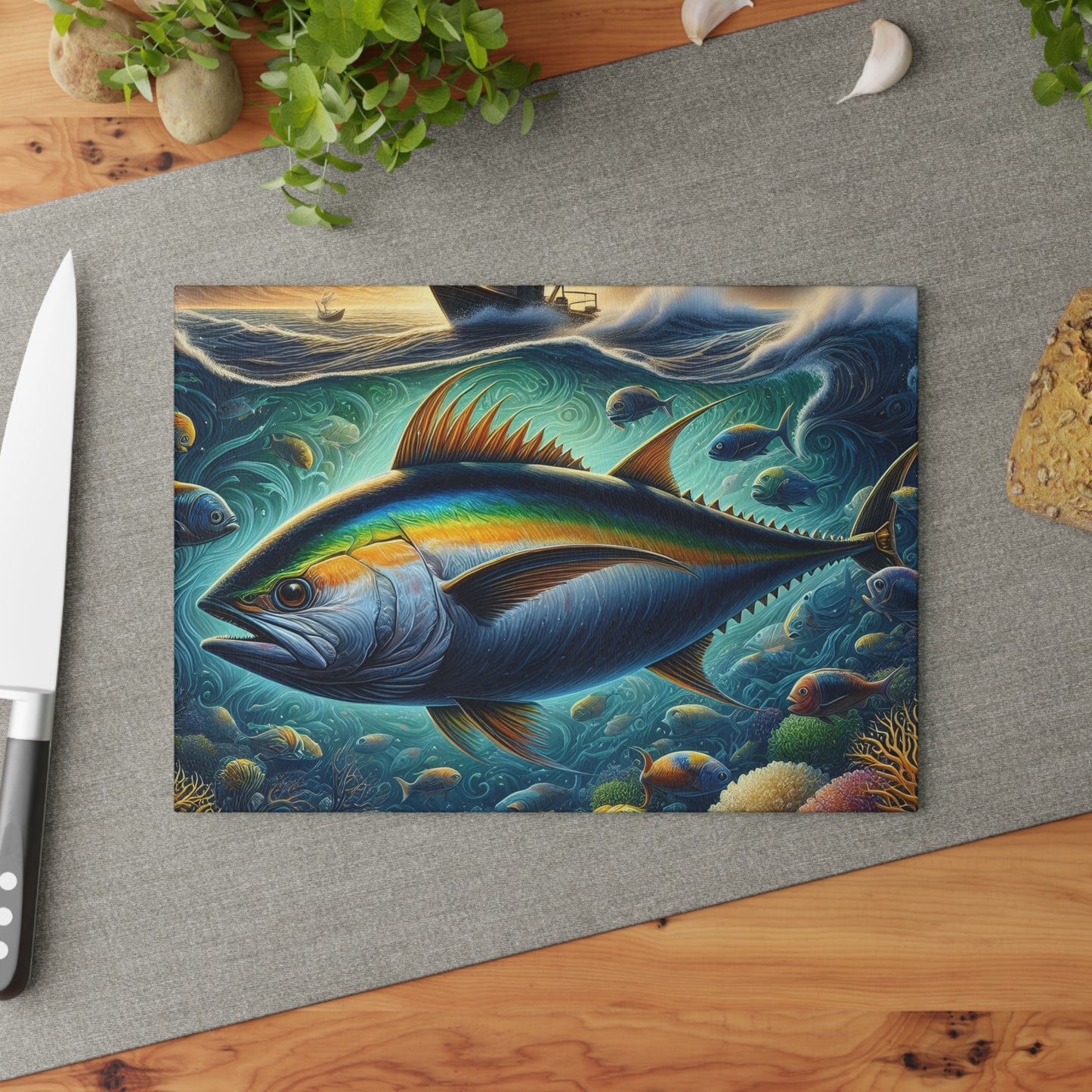 🐟🌊 Yellowfin Tuna Ocean Vibes Cutting Board – Coastal Elegance for Your Kitchen 🎣