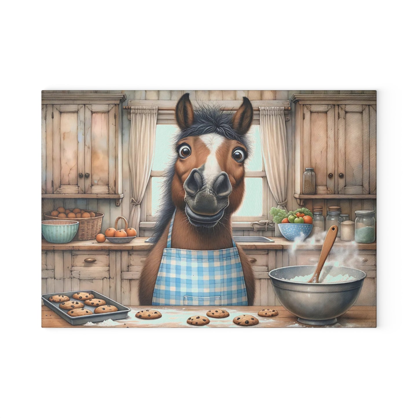 🐴🍪 “Baking Buddy Horse” Glass Cutting Board – Cozy Laughs for Your Kitchen