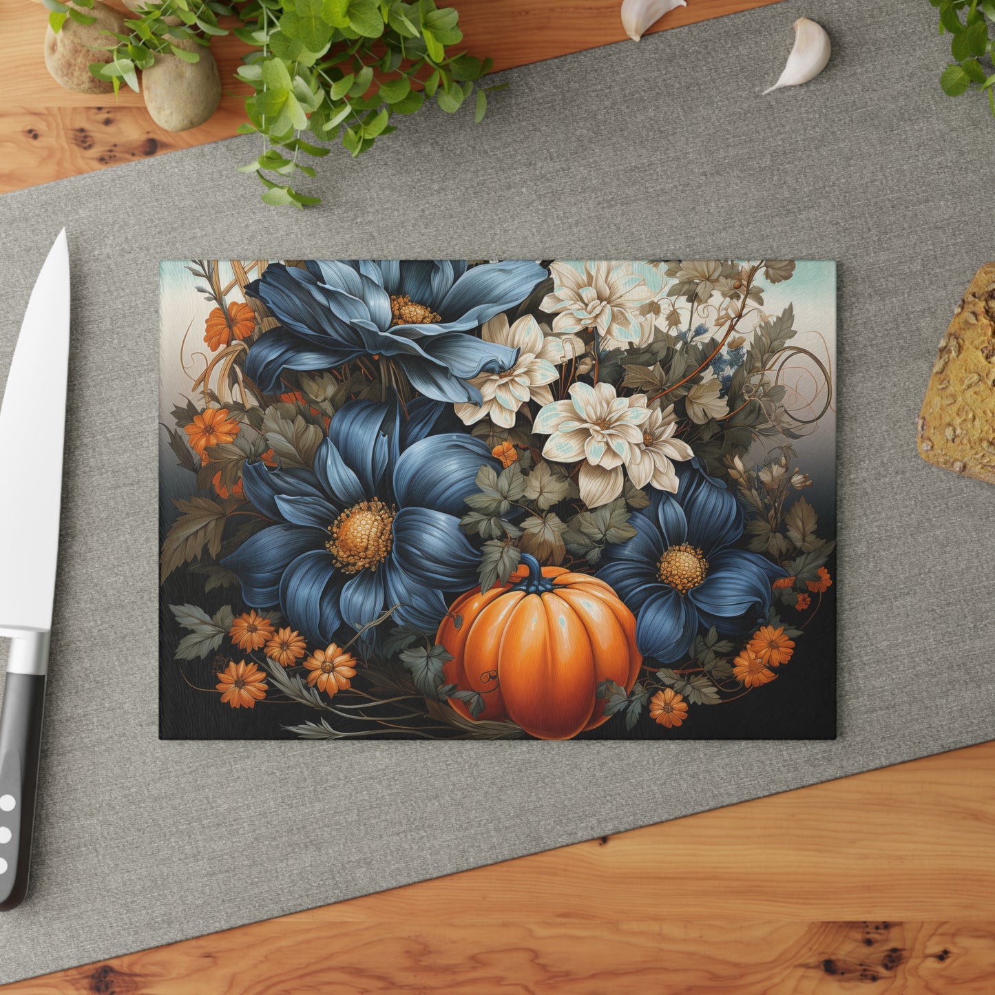 Tabla de cortar con diseño de calabazas otoñales: elegantes flores otoñales para tu cocina