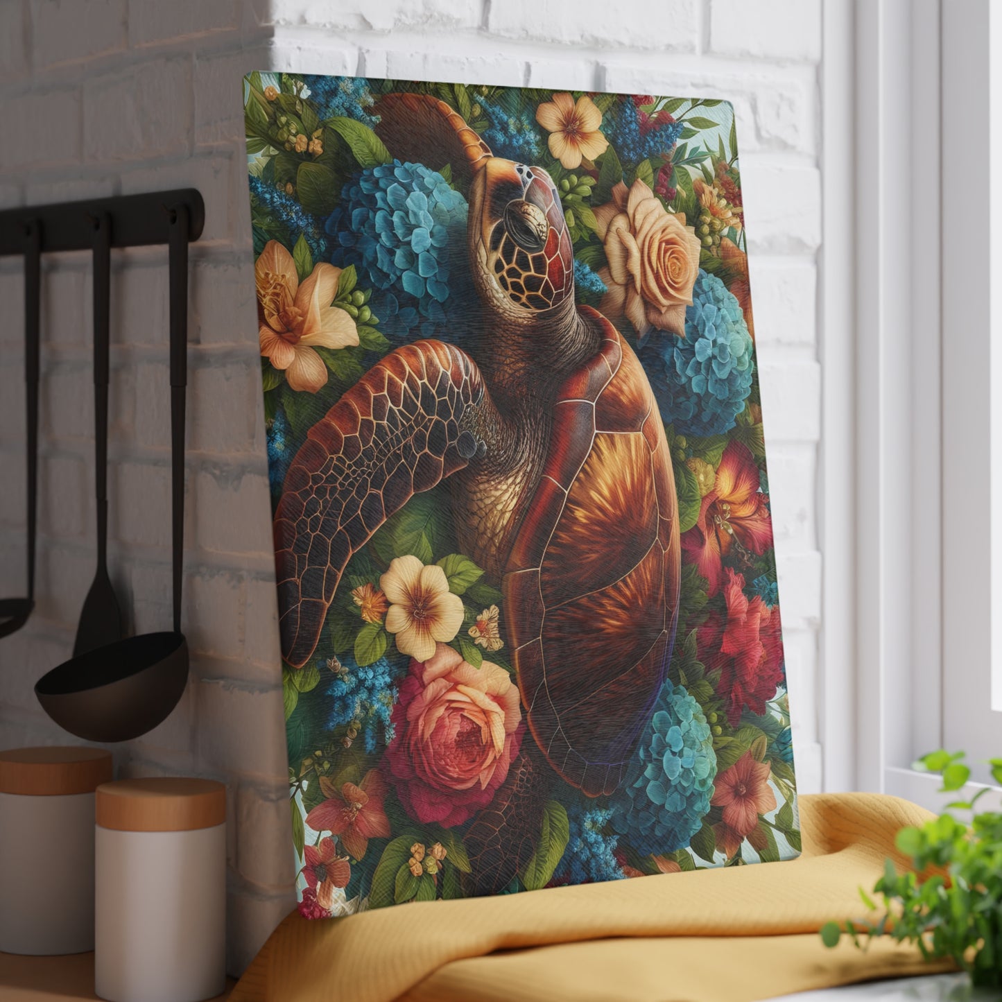 🐢🌺 Sea Turtle in Bloom Cutting Board – Ocean Serenity Meets Garden Elegance 🌊