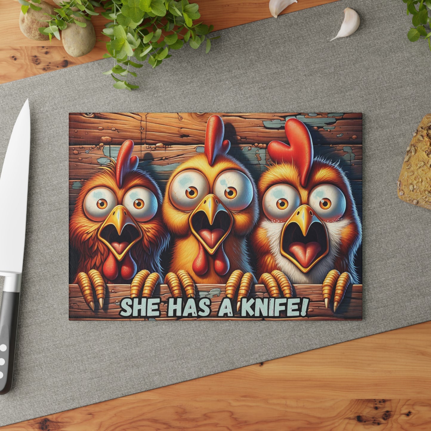 🐔🔪 “She Has a Knife!” Glass Cutting Board – Farmhouse Fun with a Spooky Twist
