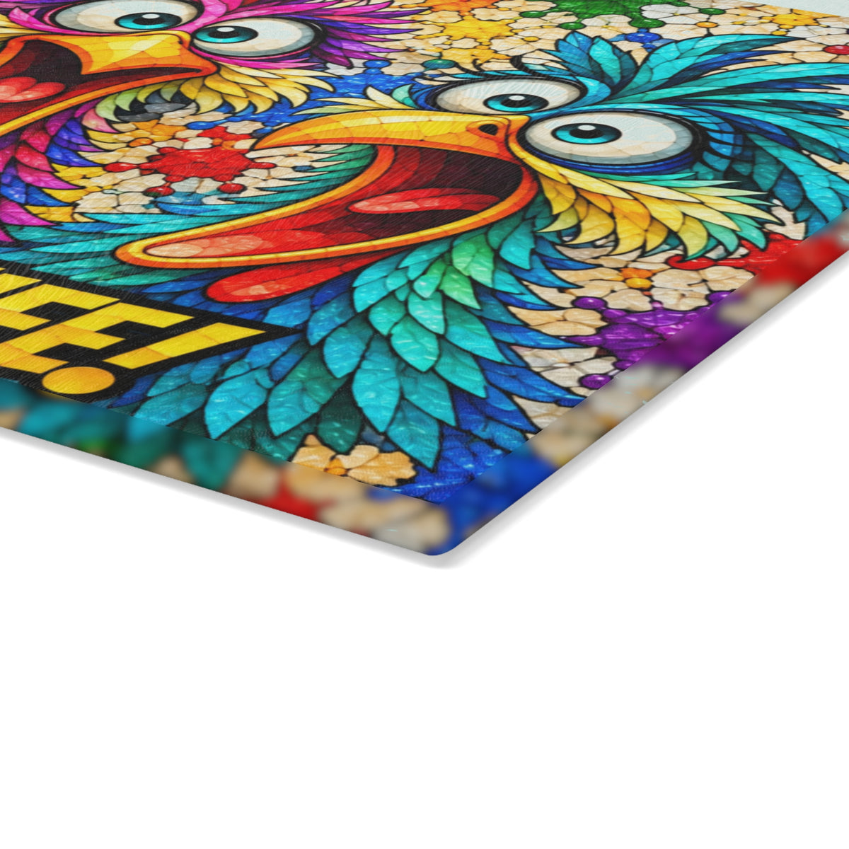 She Has a Knife! Funny Colorful Birds Stained-Glass-Inspired Glass Cutting Board