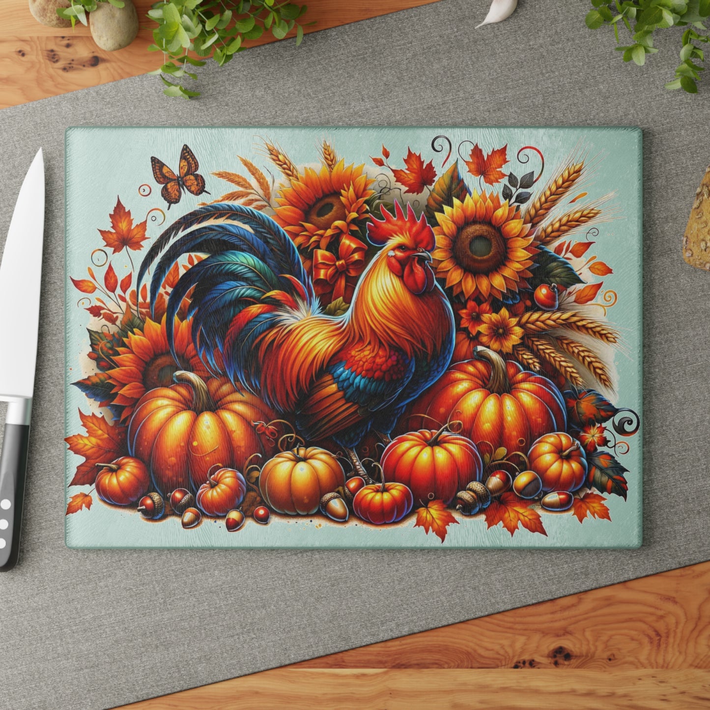 🧡🌻 “Harvest Rooster & Sunflowers” Glass Cutting Board – Cozy Charm for Your Kitchen