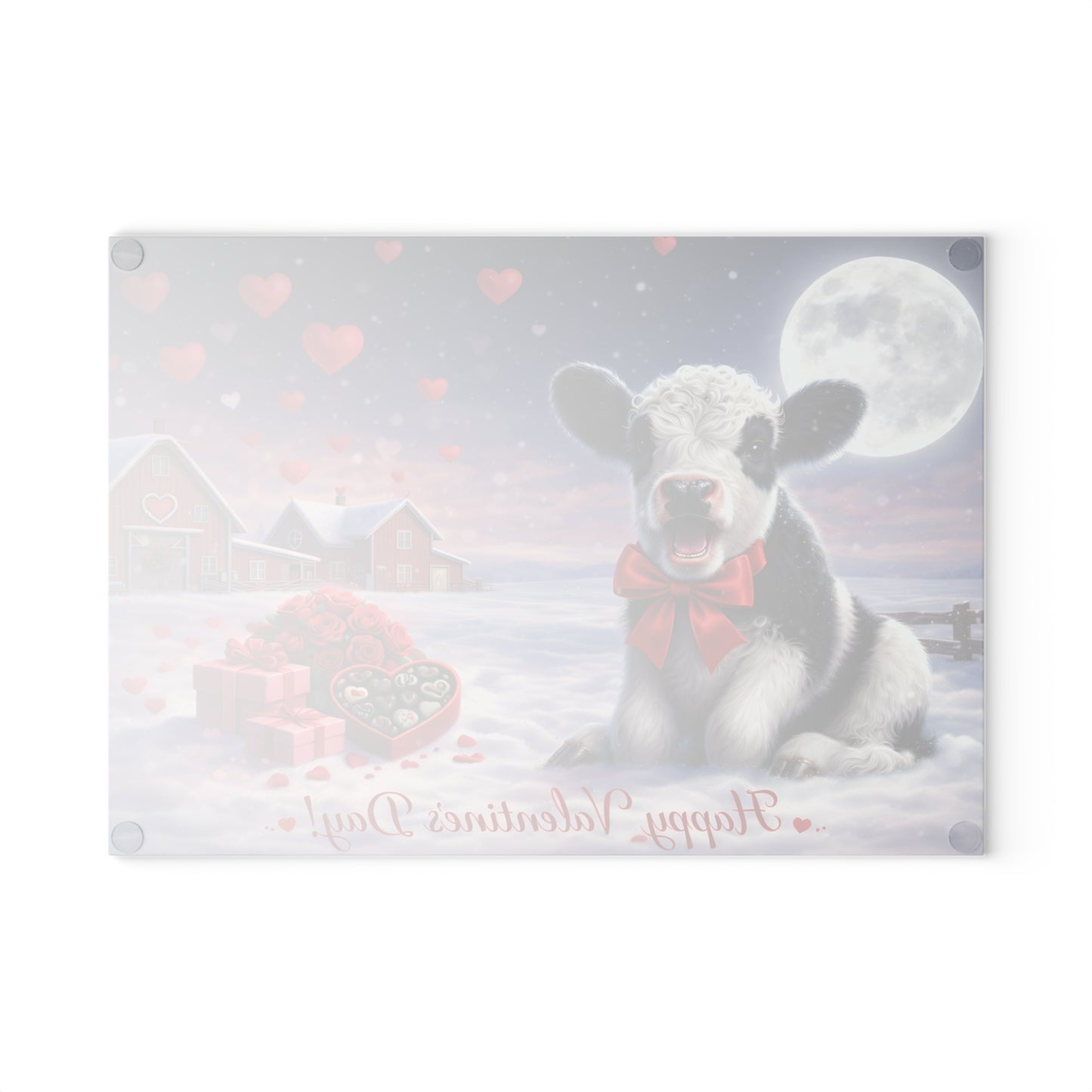 Valentine Calf Moonlight Farm Glass Cutting Board – Cozy Winter Farm Love Scene Kitchen Accent