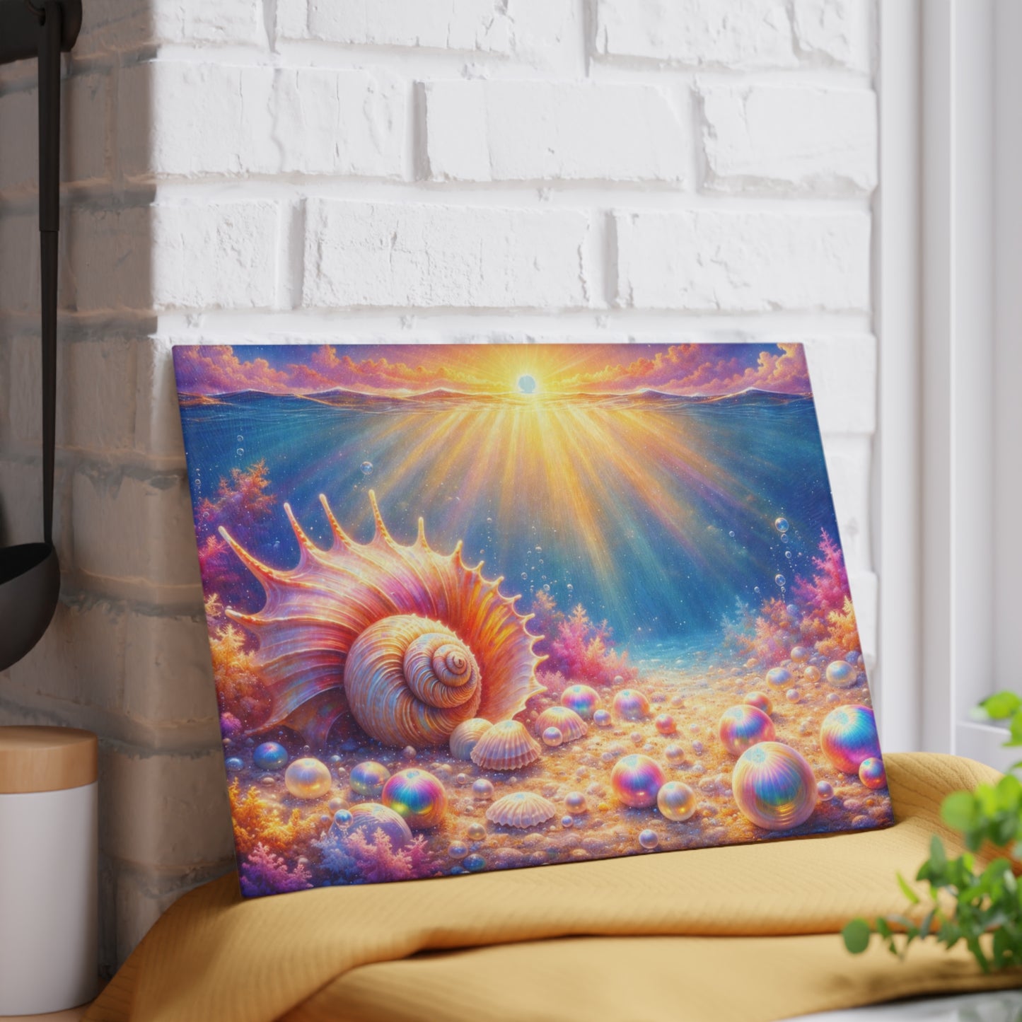 Ocean Sunrise Seashell Glass Cutting Board – Colorful Coastal Kitchen Art